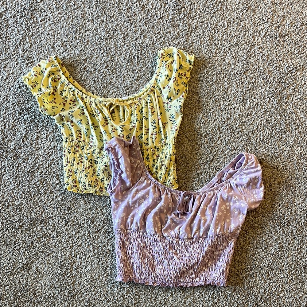 PacSun Yellow and Pink Flutter Sleeve Crop Top